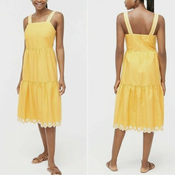 J. Crew size 10 Embroidered Eyelet Scalloped Tiered Dress Yellow - Picture 7 of 8